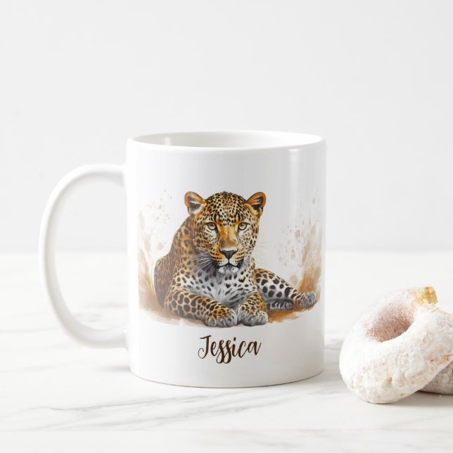Taza De Café Nombre personalizado de animal azulado retrato leo (Con donut)