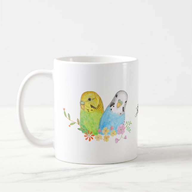 Taza De Café Nombre personalizado de Bonito Budgie Parakeet Par (Izquierda)