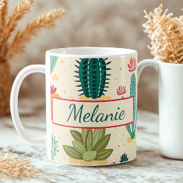 Taza De Café Nombre Personalizado De Cactus Floral Colorido