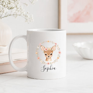 Taza De Café Nombre personalizado de cierva floral de acuarela