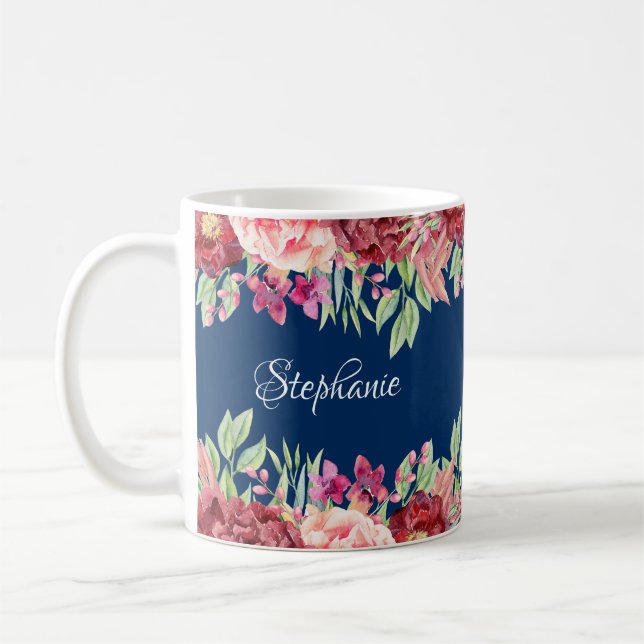 Taza De Café Nombre personalizado de floral azul borgoñona de l (Izquierda)