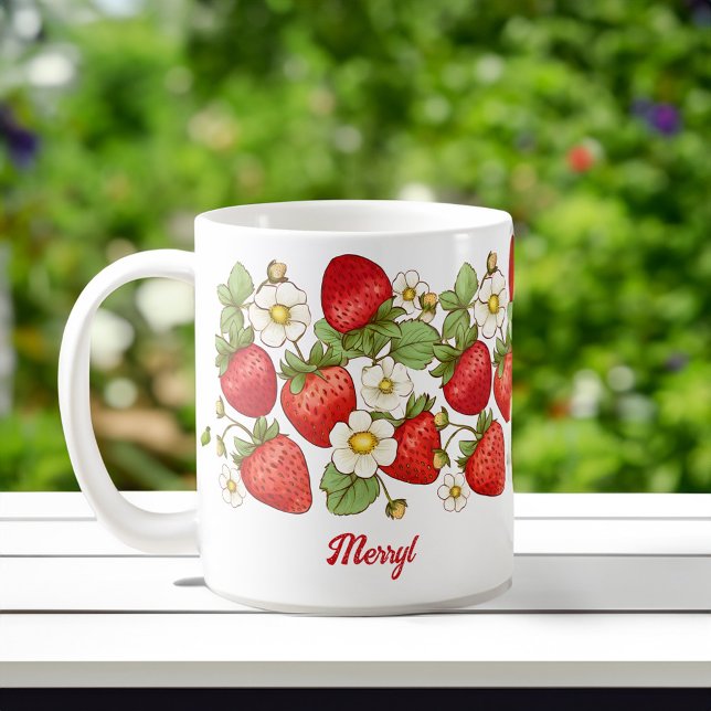 Taza De Café Nombre personalizado de fruta de verano de fresa (Strawberry summer fruit collage customized personalized name coffee mug bridesmaids gifts for her)