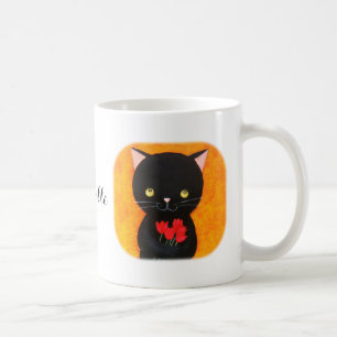 Taza De Café Nombre personalizado de gato negro con flores que 