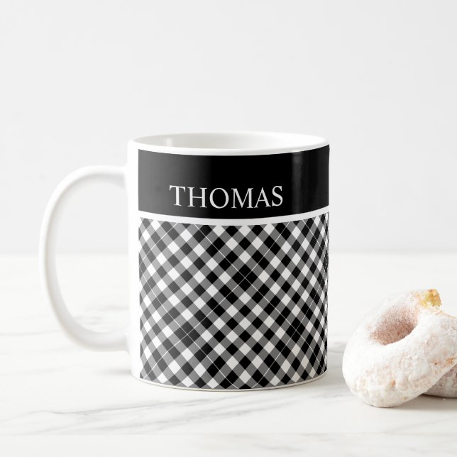 Taza De Café Nombre personalizado de Gingham blanco negro perso (Con donut)