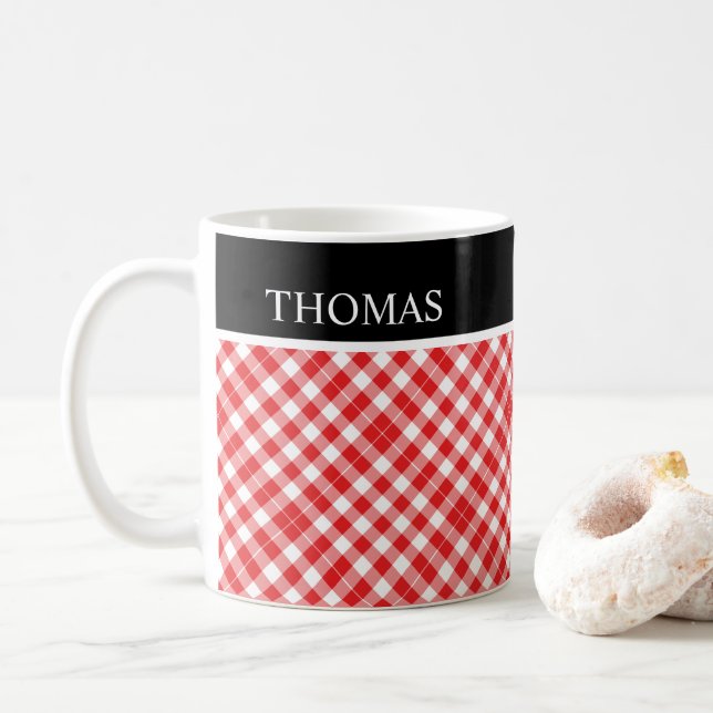 Taza De Café Nombre personalizado de Gingham blanco rojo person (Con donut)