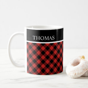 Taza De Café Nombre personalizado de Gingham rojo negro peroniz