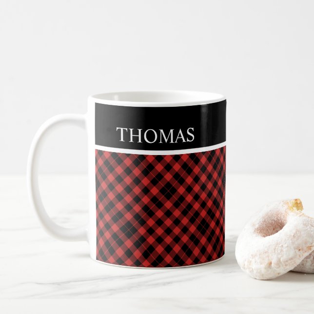 Taza De Café Nombre personalizado de Gingham rojo negro persona (Con donut)