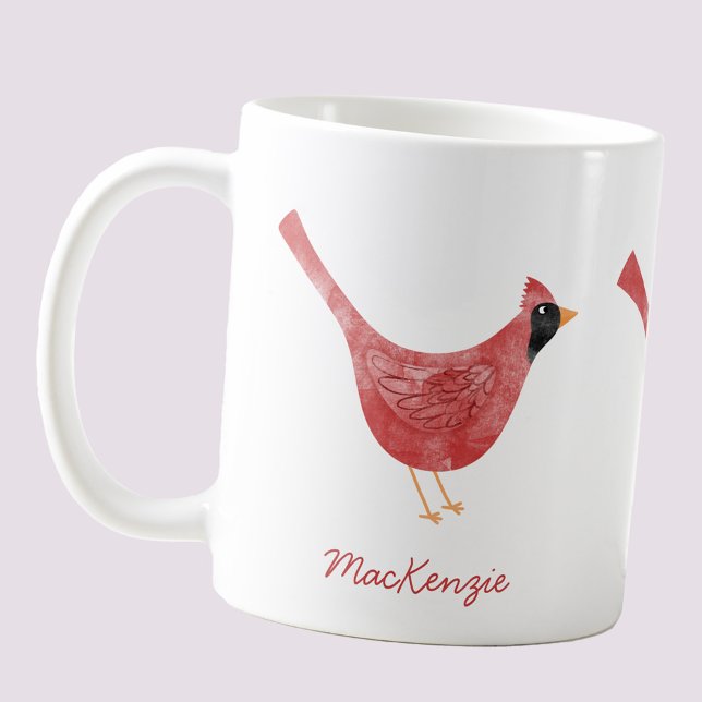 Taza De Café Nombre personalizado de la acuarela de pájaro card (Festive Cardinal bird red and white watercolor personalized custom name Christmas Holiday mug)