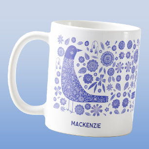 Taza De Café Nombre personalizado de las aves escandinavas azul