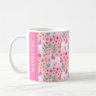 Taza De Café Nombre personalizado de patrón floral de unicornio