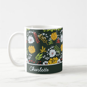 Taza De Café Nombre personalizado de patrón sin costura y flora
