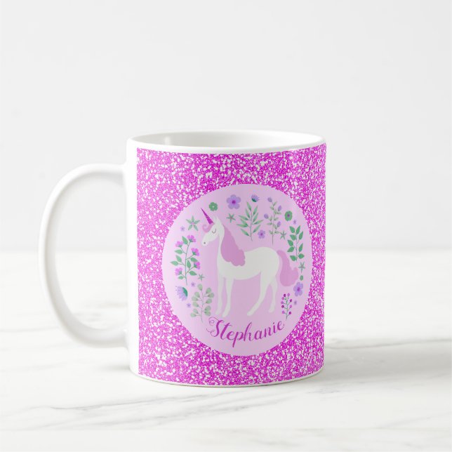 Taza De Café Nombre personalizado de Purpurina de unicornio (Izquierda)