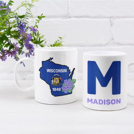 Taza De Café Nombre personalizado de Wisconsin Flag y Flower Bl