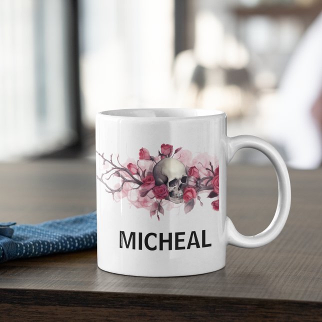 Taza De Café Nombre personalizado del borde del cráneo floral (Subido por el creador)