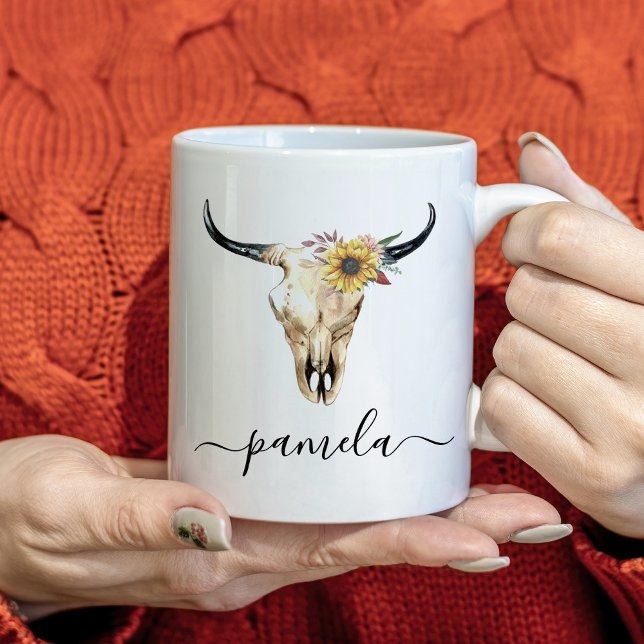 Taza De Café Nombre personalizado del cráneo de toro de girasol (Subido por el creador)