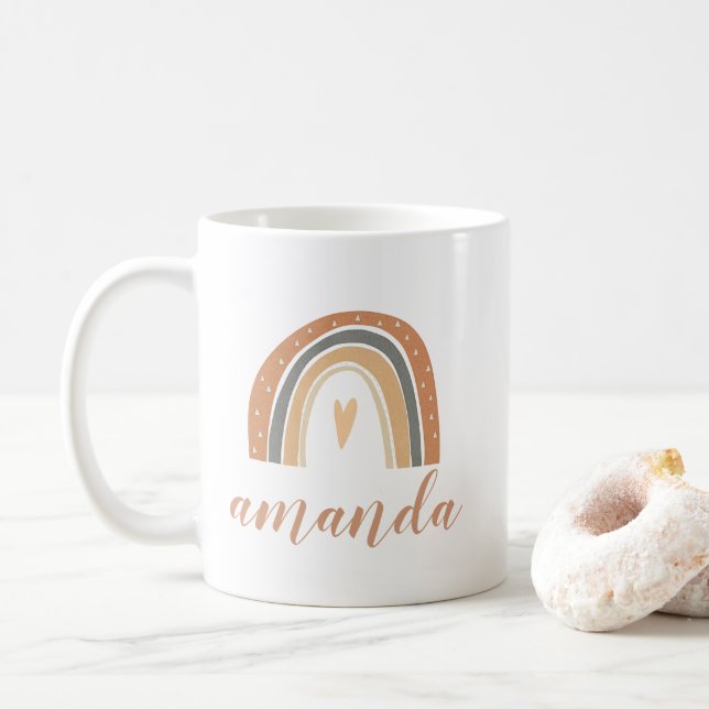 Taza De Café Nombre personalizado del guión arcoiris bohemio de (Con donut)