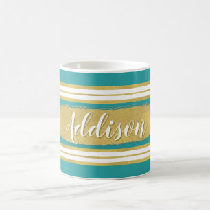 Taza De Café Nombre personalizado del patrón Aqua Blue Gold Str