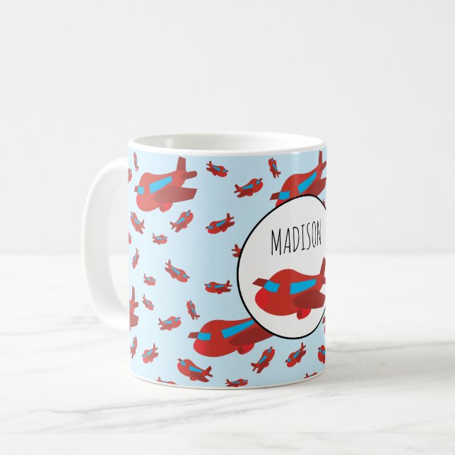 Taza De Café Nombre personalizado del patrón de avión rojo y az (Anverso izquierdo)