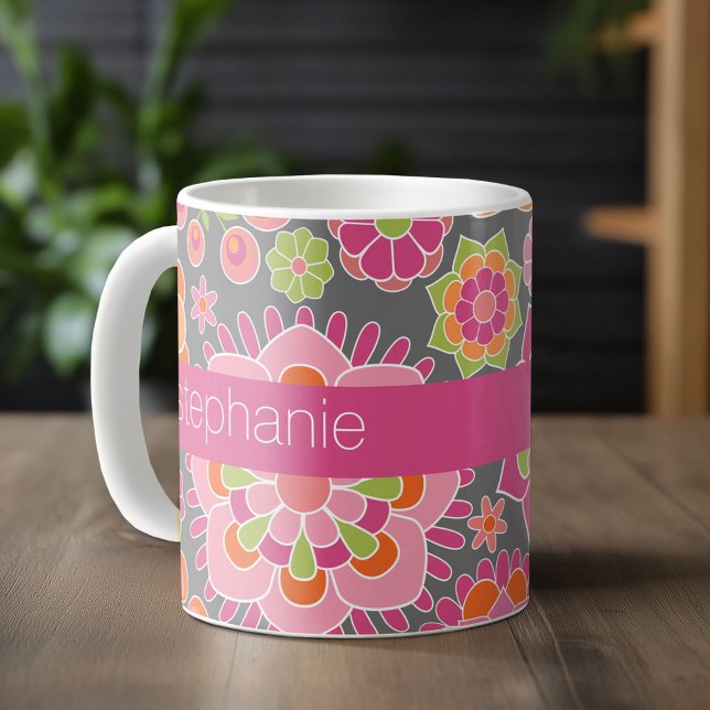 Taza De Café Nombre personalizado del patrón floral de primaver (Custom Monogram Mug)