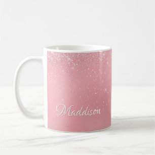 Taza De Café Nombre personalizado del Purpurina de plata rosada