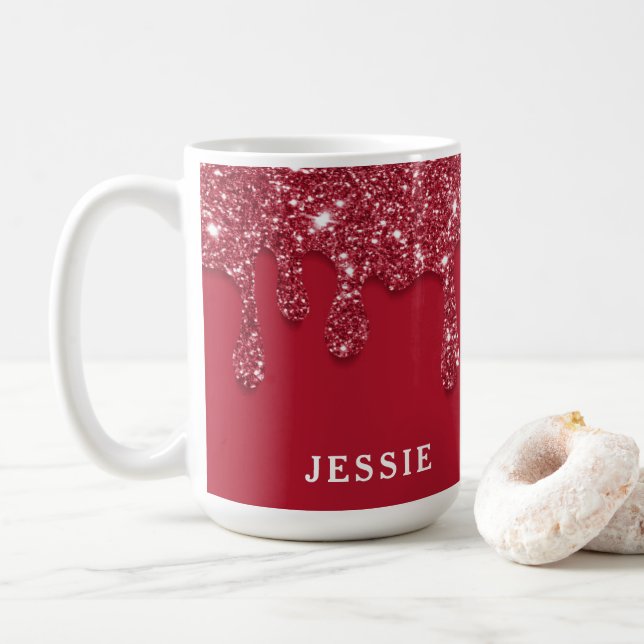 Taza De Café Nombre personalizado del Purpurina rojo Drip (Con donut)