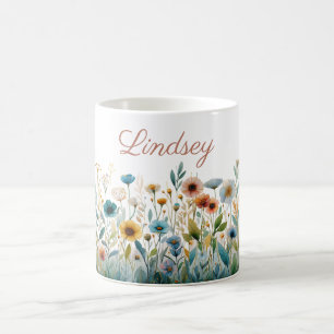Taza De Café Nombre personalizado Elegante acuarela Regalo flor