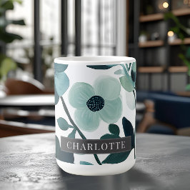 Taza De Café Nombre Personalizado Elegantes Vides Florales Azul