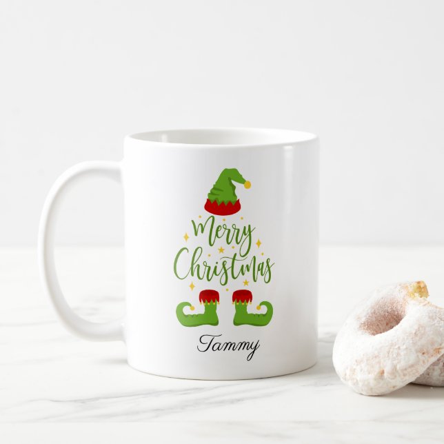 Taza De Café Nombre personalizado Elf Merry Navidad (Con donut)