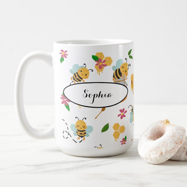 Taza De Café Nombre personalizado en un lindo patrón de abejorr (Con donut)