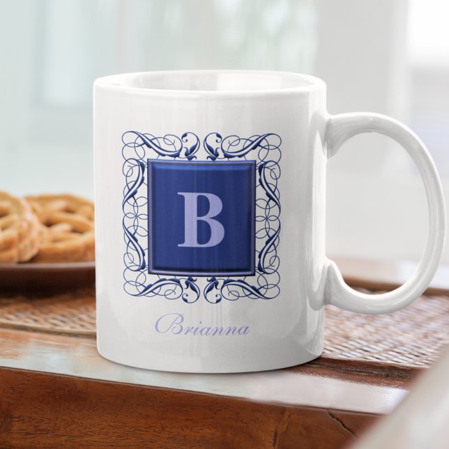Taza De Café Nombre Personalizado Estilo Regal Monograma (Azul) (Subido por el creador)