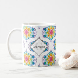 Taza De Café Nombre personalizado Floral arcoiris Mandala Retro