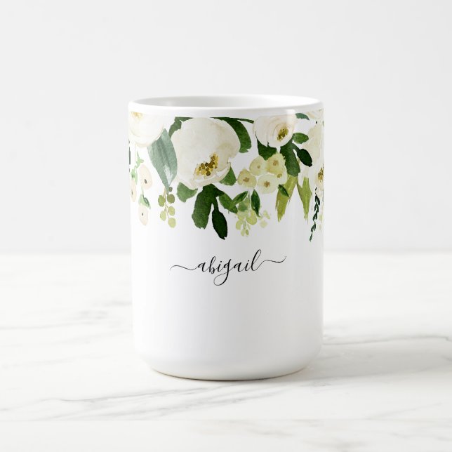 Taza De Café Nombre personalizado floral blanco elegante  (Centro)