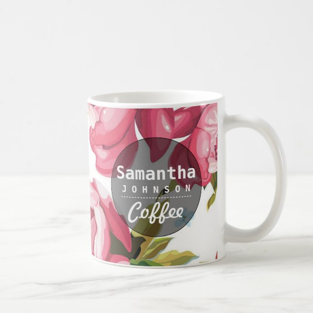 Taza De Café Nombre personalizado floral rosado lindo moderno (Derecha)