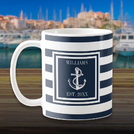 Taza De Café Nombre Personalizado Franja Azul Marino Ancla Náut
