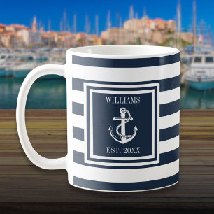 Taza De Café Nombre Personalizado Franja Azul Marino Ancla Náut