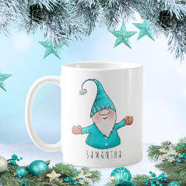 Taza De Café Nombre personalizado Gnome Navidades azules Verde 