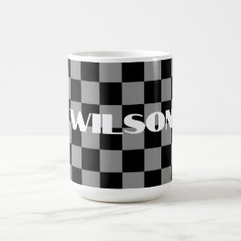 Taza De Café nombre personalizado gris y cuadros negros