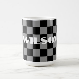 Taza De Café nombre personalizado gris y cuadros negros