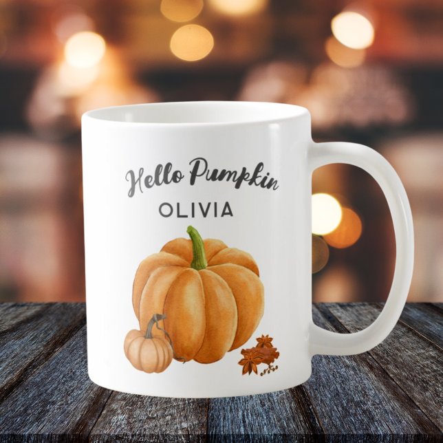 Taza De Café Nombre personalizado Hola Calabaza Spin Cosy Caída (hello pumpkin custom fall mug with name)