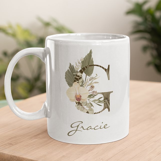 Taza De Café Nombre personalizado inicial de G Boho Floral Orqu (Subido por el creador)
