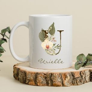 Taza De Café Nombre personalizado inicial de U Boho Floral Orqu