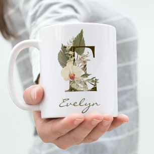 Taza De Café Nombre personalizado inicial E Boho Floral Orquíde