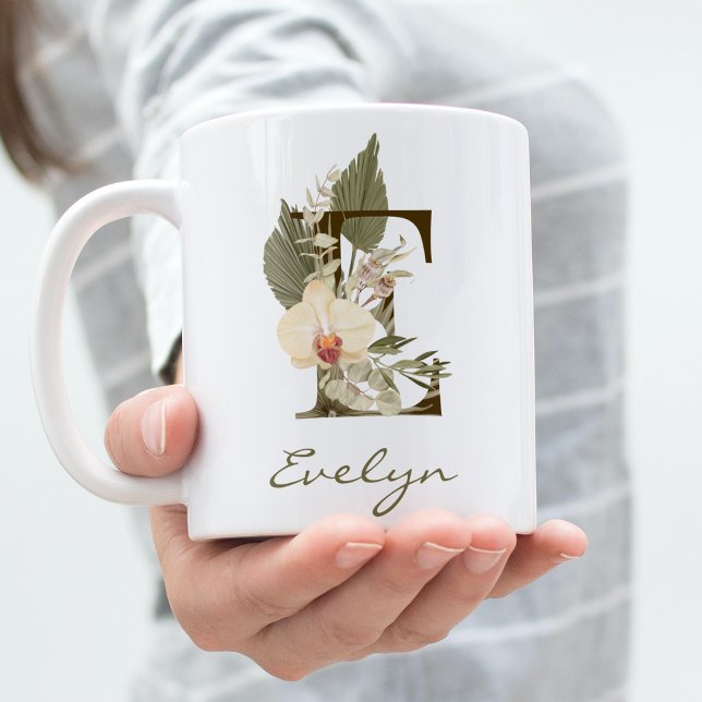 Taza De Café Nombre personalizado inicial E Boho Floral Orquíde (Subido por el creador)