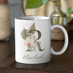 Taza De Café Nombre personalizado inicial R Boho Floral Orquíde