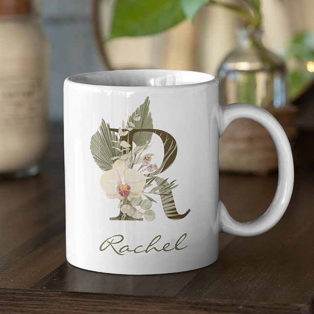 Taza De Café Nombre personalizado inicial R Boho Floral Orquíde (Boho Floral Orchid Greenery Mug: Personalize with Your Name and Initial)