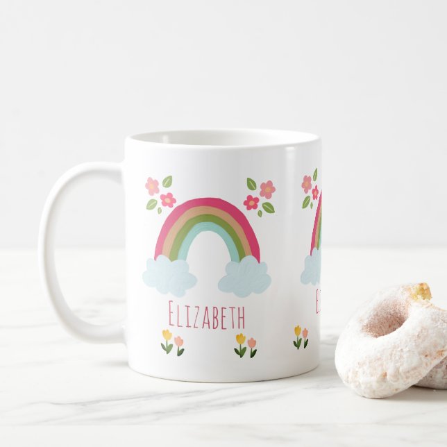 Taza De Café Nombre personalizado Kids Cute rainbow chica rosa (Con donut)