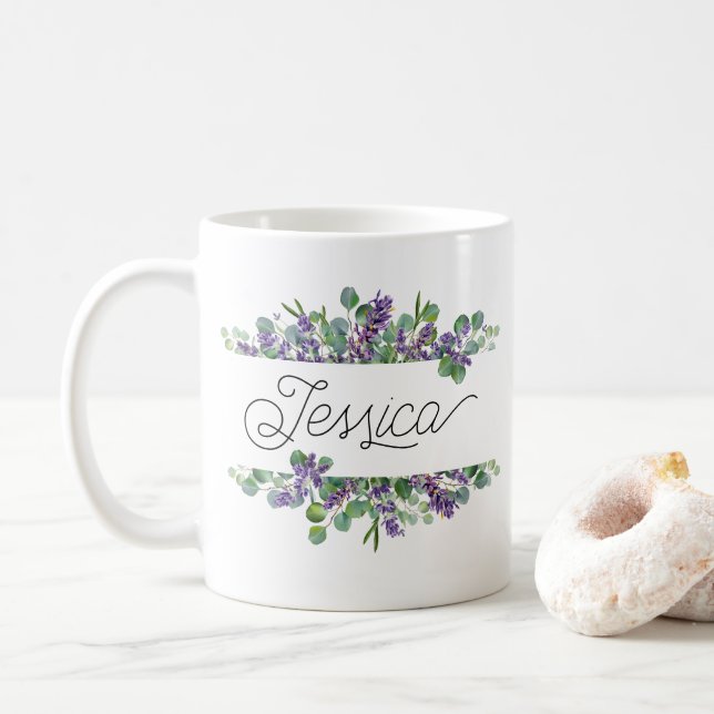 Taza De Café Nombre personalizado Lavender Floral Mug (Con donut)