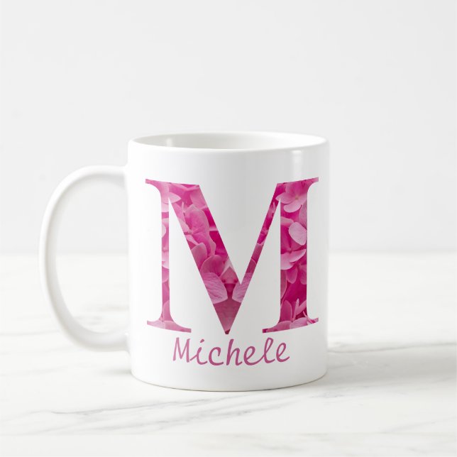 Taza De Café Nombre personalizado Letra rosa floral alfabeta "M (Izquierda)