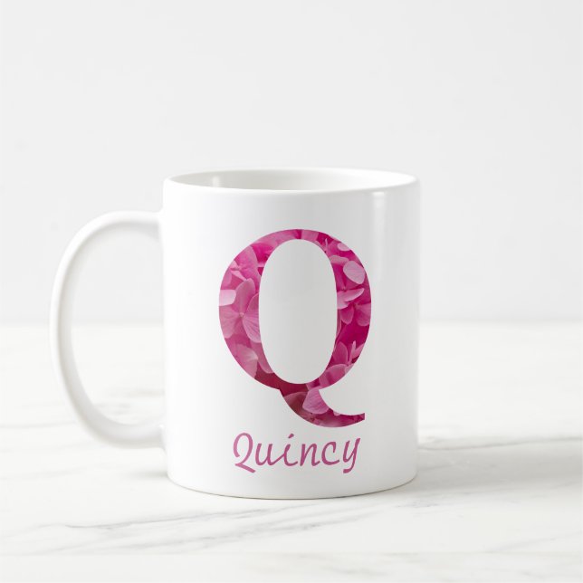Taza De Café Nombre personalizado Letra rosa floral alfabeta "Q (Izquierda)