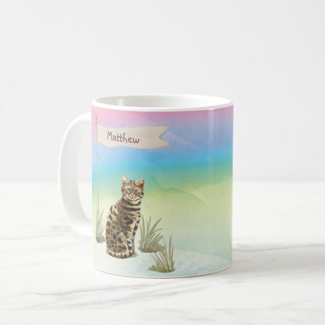 Taza De Café Nombre personalizado Mascota de gato bengalí (Anverso izquierdo)